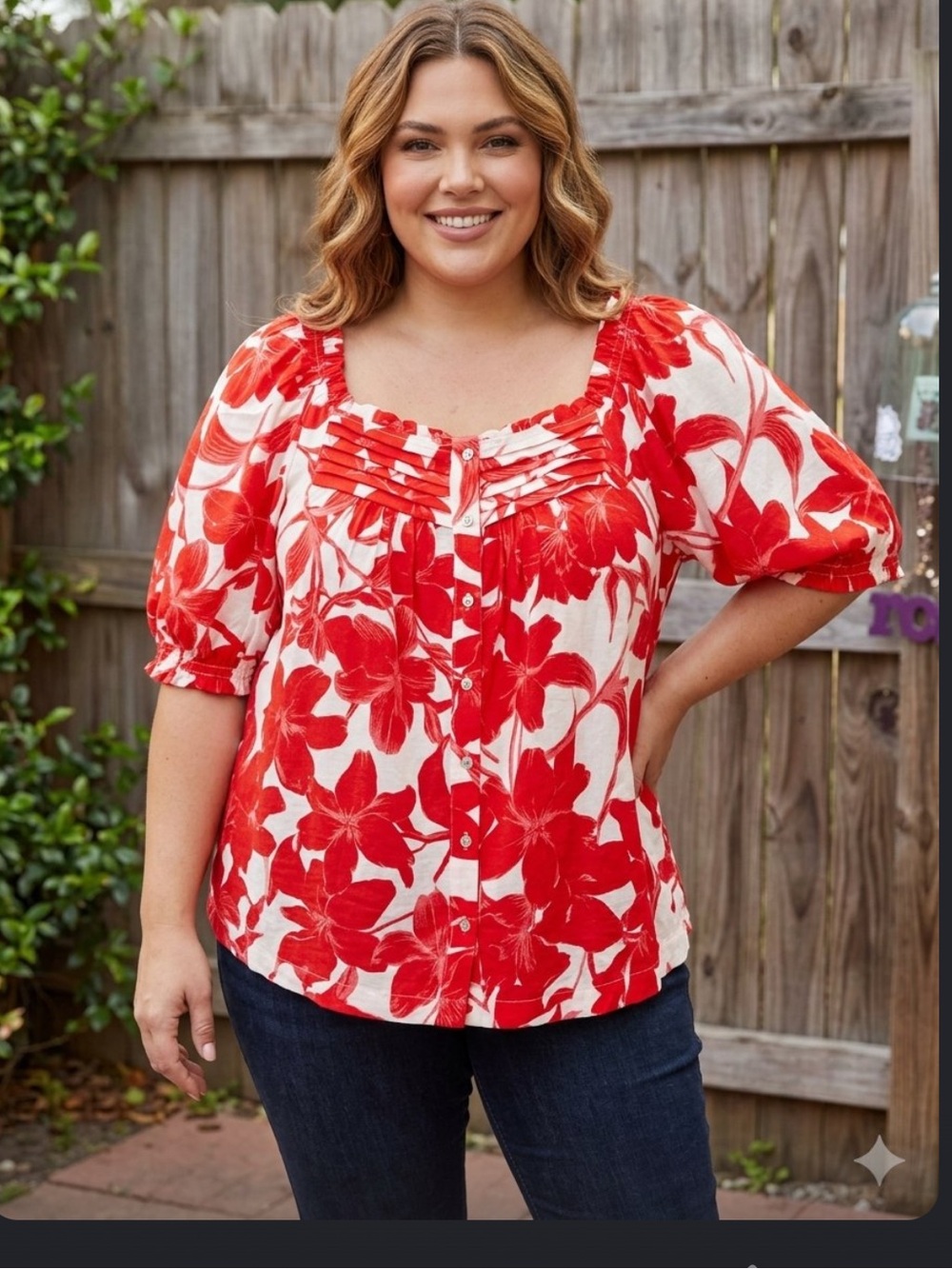 👗Rose & Olive Red and White Floral Button-Front Peasant Top